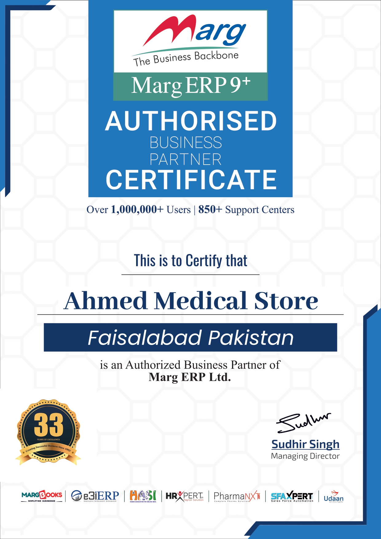 Ahmed Medical Store Authorized Partnership Certificate